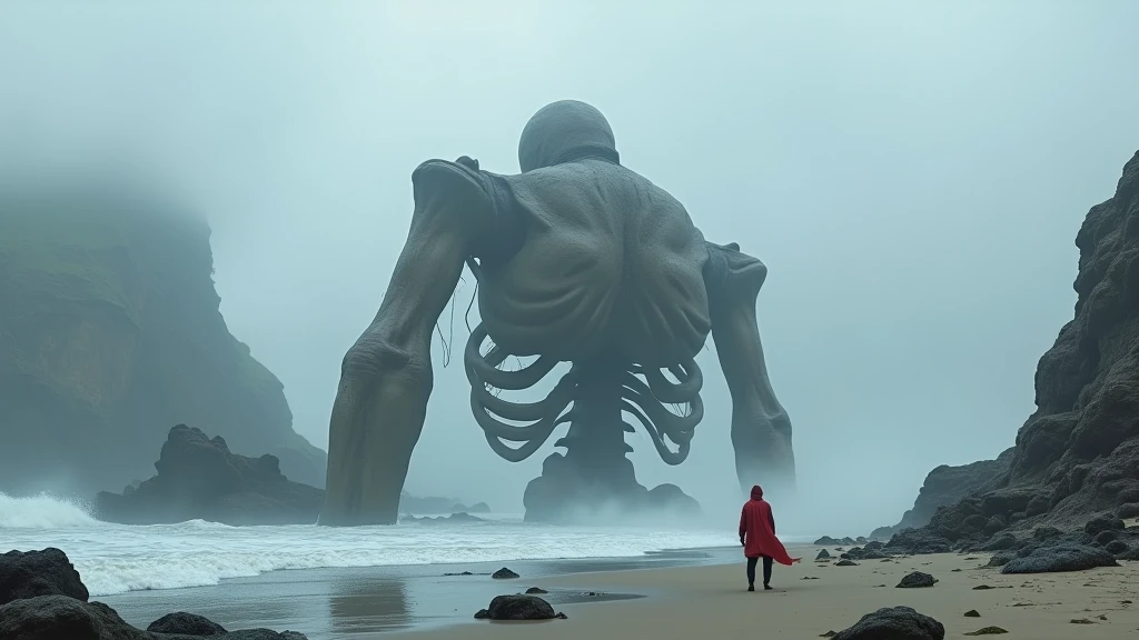 Create a surreal and atmospheric scene set on a desolate, foggy beach. The central focus should be a colossal, weathered skeleton of a giant humanoid lying partially submerged in the sand and surf. The bones should appear ancient, cracked, and eroded, emphasizing a sense of immense scale and mystery. 

In the foreground, depict a lone figure in a vivid red cloak walking towards the skeleton. The figure should be small in comparison, adding to the sense of scale and evoking an aura of intrigue and exploration. The cloak should stand out sharply against the muted, cool tones of the environment, which is dominated by shades of gray, blue, and white.

The beach is rugged, with scattered dark rocks and foamy waves gently lapping at the shore. The surrounding cliffs loom ominously in the background, partially obscured by thick fog, creating a sense of isolation and mystery. The atmosphere should be moody and ethereal, with diffused light filtering through the mist, enhancing the otherworldly feel.

Overall, the composition should evoke a blend of awe, wonder, and foreboding, with a subtle hint of fantasy or post-apocalyptic themes.