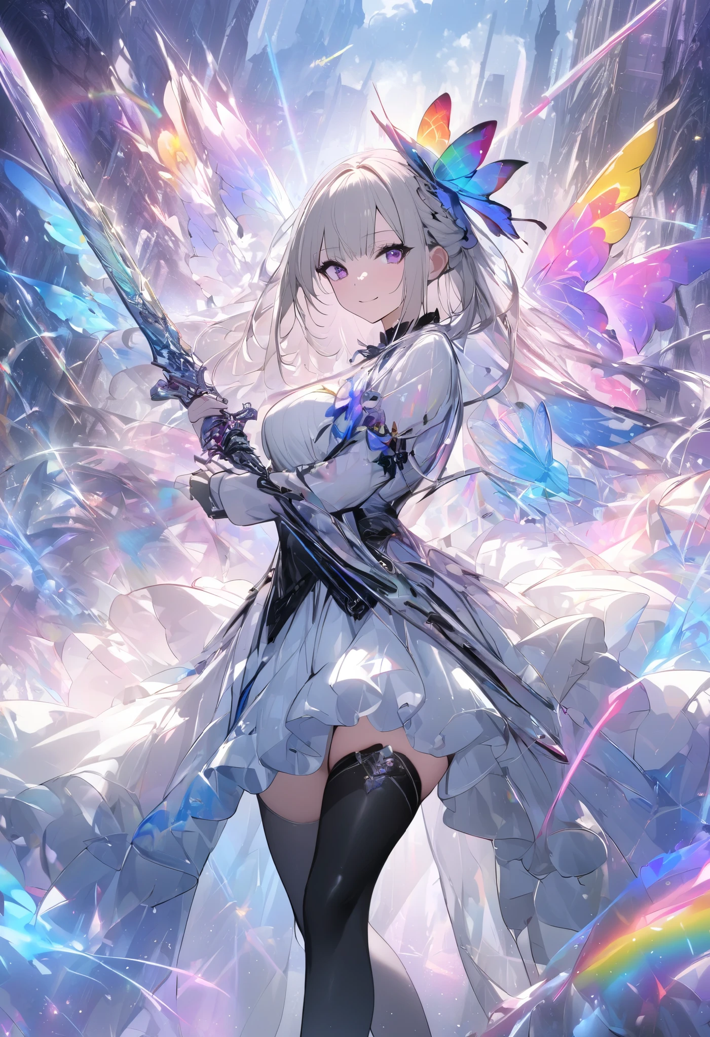 (masterpiece, best quality :1.2,UHD,High Resolution), colorful , 1 girl, Gray Hair, purple eyes, dual weeding that destroys reality , sword, has a sword, Blue Flame, Shine, Shine武器, light particles , wallpaper, Chromatic Avalations, Too Much Exposed Skin , skirt、 black knee-high 、Destroying reality、I can see the rainbow butterfly 、Diffuse reflection of light、Sword Dance、 laser beams 、Flaming Flames 、 magic 、Luxurious effects