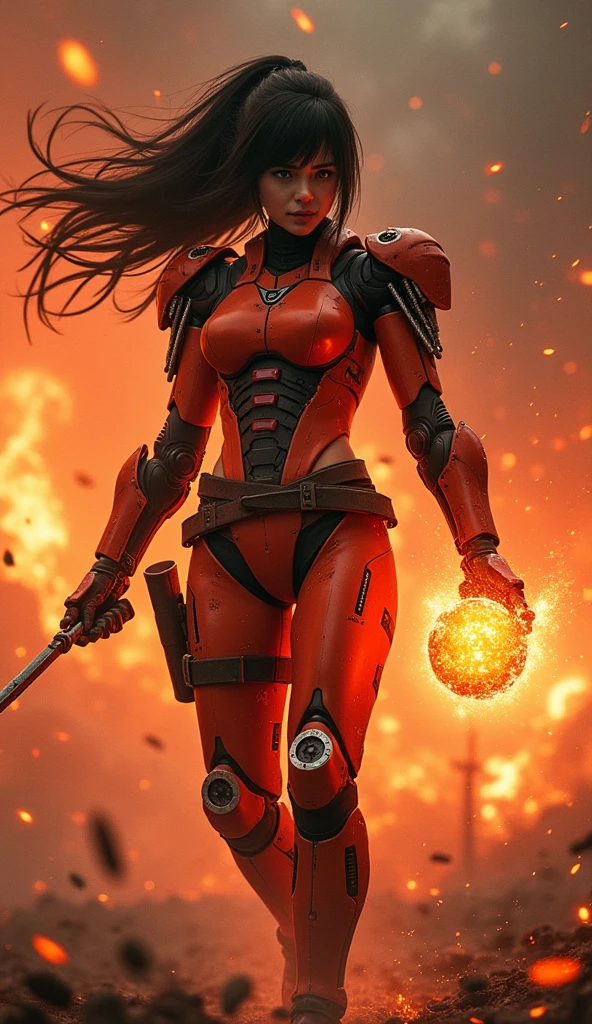(masterpiece:1.2, Highest quality,Ultra-high resolution,Super detailed),8k,wallpaper,(Armored Core Style),Woman in ninja robot armor,Black Hair,Random Hairstyles,(Fire Ninja),(Orange body),(Detailed face:1.3),(Detailed body:1.3),(Cowboy Shot),(The background is a burning flame and a red battlefield:2.0),(Preparing for battle,The electronic components of the armor glow as it stores a huge sphere of fiery energy in its palm.),(Detailed hands:1.6),(Flashy special move effects:2.0)