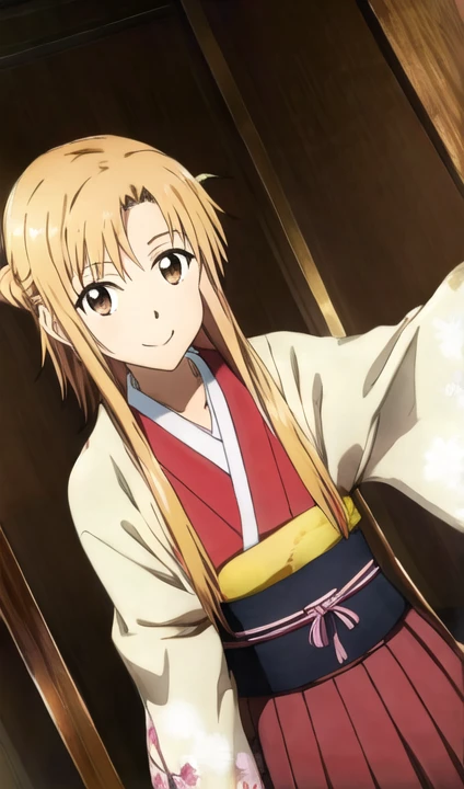 Asuna, length_hair, chest,  watching _in_ viewer, smile,  blonde alone_hair, brown_eye,  medium _chest,  skirt, hair_ ornament, holding,  clevis, Japanese_clothes, wide_sleeve, Hold the stretched _arm, ribbon_trim,  Similarly ,  Similarly _ skirt, ribbon-trimmed_sleeve, red_ Similarly 