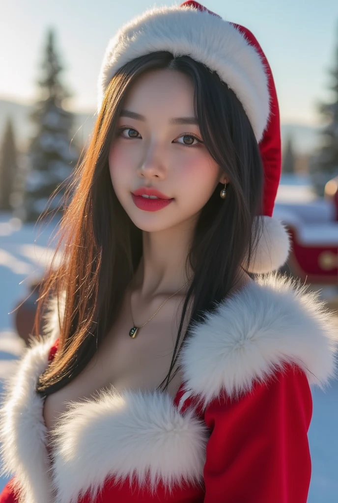 (Santa girl:1.2), (realistic:1.1), (best quality,4k,8k,highres,masterpiece:1.2), ultra-detailed, (aesthetic:1.1), perfect lighting, (unity 8k:1.1), (photo-realistic:1.37), (HDR, UHD:1.1), (sharp focus:1.1), (physically-based rendering:1.1), (vivid colors:1.1), (bokeh:1.1), (beautiful detailed eyes:1.1), (beautiful detailed lips:1.1), (long eyelashes:1.1), (extremely detailed face:1.1), (white beard:1.1), (red suit:1.1), (fur trim:1.1), (sleigh in background:1.1), (snowy landscape:1.1), (joyful expression:1.1), (holding gifts:1.1), (Christmas spirit:1.1), (warm and cozy:1.1)