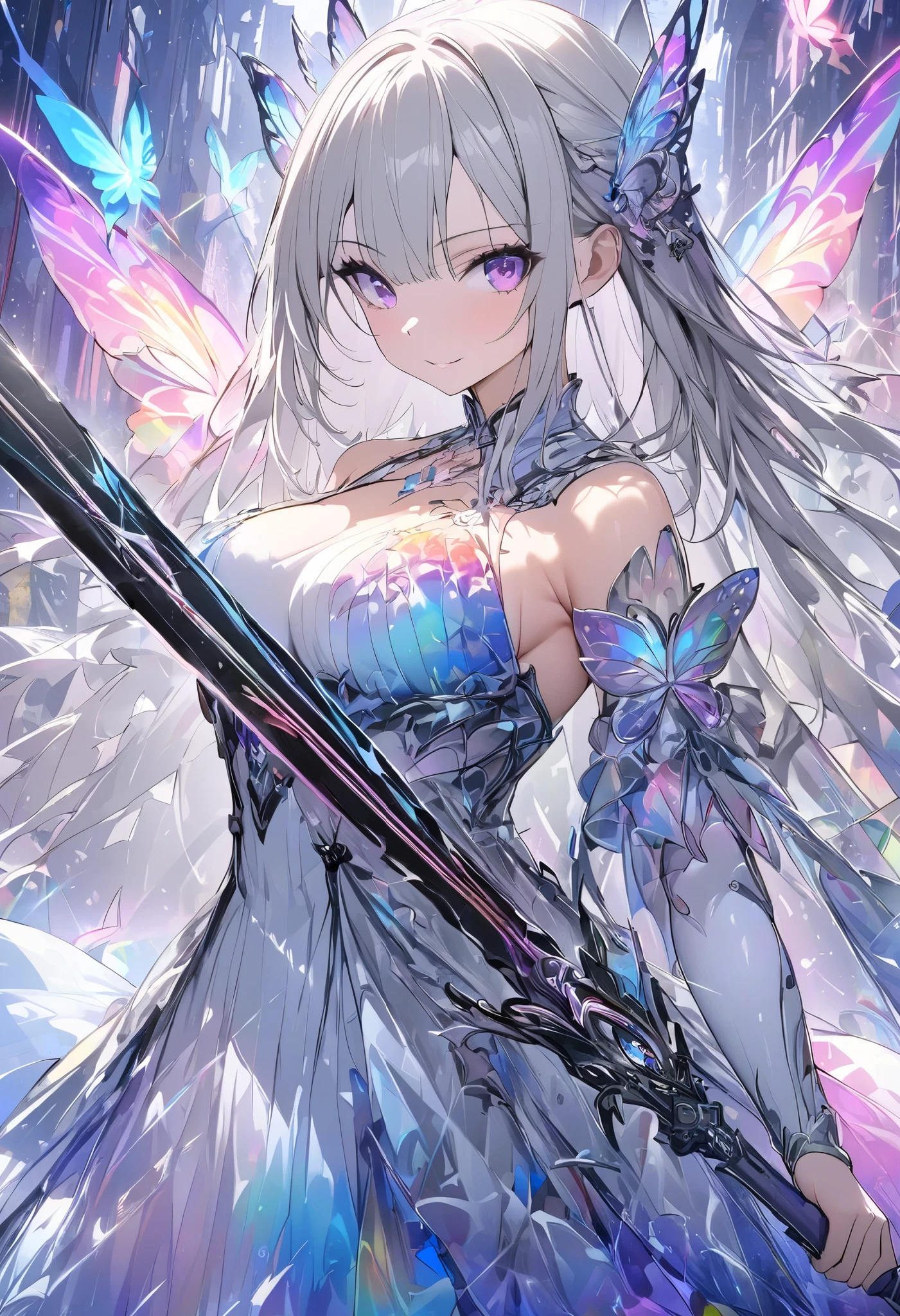 (masterpiece, best quality :1.2,UHD,High Resolution), colorful , 1 girl, Gray Hair, purple eyes, dual weeding that destroys reality , sword, has a sword, Blue Flame, Shine, Shine武器, holding a weapon , light particles , wallpaper, Chromatic Avalations, Too Much Exposed Skin , skirt、 black knee-high 、Destroying reality、I can see the rainbow butterfly 、Diffuse reflection of light、Sword Dance、 laser beams 、Flaming Flames 、 magic 、Luxurious effects