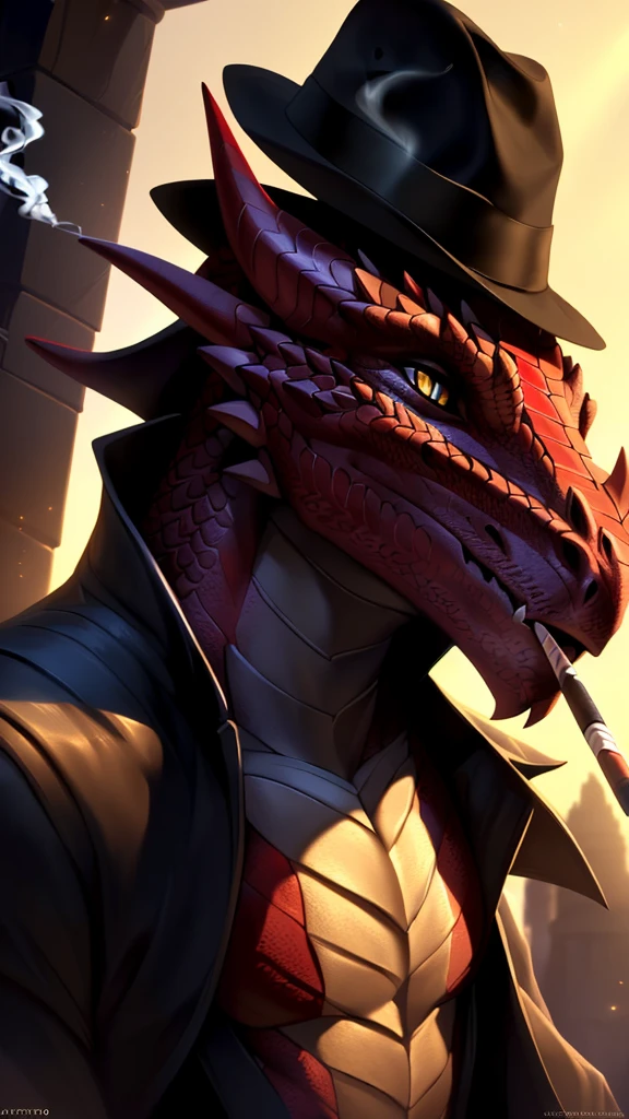 Realistic, detailed, beautiful, masterpiece, HDR, castle interior background, fantasy setting, detective, ((red dragonborn wearing trench coat, wearing a black shirt, wearing black pants, trench coat:1.2, fully clothed, trench coat closed, black trench coat, black fedora, wearing black fedora)) dragon, anthro, male, male body, red skin, (red scales:1.9), (two long thin horns:1.3), yellow eyes, detailed eyes, perfectly shaped body, confident majestic pose, claws, masculine facial features, mysterious gaze, neutral facial expression, red pointed ears, standing tall, out doors, daytime, full body, full body portrait, face focus, ((wearing fedora, full body:1.2)
(detailed Bonifasko lighting), (detailed scales), (detailed skin), (male dragonborn), BREAK, ((short flowing tail)), ((facing viewer)), (cinematic lighting), ((detailed background)), ((portrait view)), (((close-up))), (good lighting), [backlighting], [crepuscular ray], [detailed ambient light], [gray natural lighting], [ambient light on the belly], (higher wildlife feral detail), [explict content], [sharp focus], (questionable content), (shaded), ((masterpiece)), furry dragonborn, reptilian face, furry Fantasy Art, furry Art, Commission for High Res, anthro Art, POV furry Art,Sakimichan beautiful, masterpiece, best quality, detailed image, bright colors, wearing a black shirt, detailed face, perfect lighting, perfect shadows, perfect eyes, yellow eyes, flawless face, face focus, (masterpiece:1.21), (best quality:1.2), (illustration:1.2), (cinematic lighting:1.3), detailed scales, balanced coloring, global illumination, ray tracing, good lighting, scales, anthro, well lit, red scales (smoking a cigarette, mysterious)