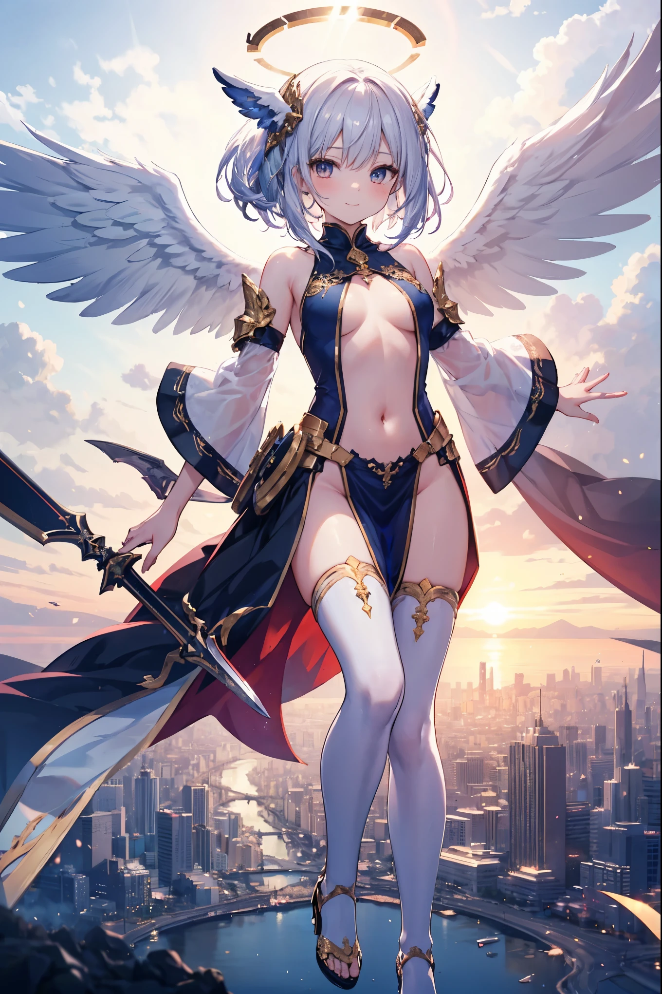 masterpiece, best quality, integrated scenery, integrated background, extremely delicate and beautiful, meticulous details, good composition, cute face, perfect face, perfect hands, fantasy, 1angel_girl, low_,blue_hair,long_bangs, (light_skin),bare_shoulder,bare_side_chest, bare_flank, thighhighs,silver_shiny_armor, (naked_sidelock_tabard:1.3),side_cutout,waist_armor, Glebe, grab_swords, medium_breasts, dynamic_flying_pose,Floating, (1pair_white_wings:1.2),(pelvic_curtain:1.3), silver_Headgear ,looking_down_at_sunset_city_sky_background,,slightly_spread_legs, 1swords,solo,glare_halo,smile,open_legs,open_arms,rise_knee,rise_leg,rise_thigh,rise_leg,forward_leaning_posture,apart_legs, glitter_gold_eyes, fine_gold_embroidery,covered_navel,(covered_nipples:0.3),