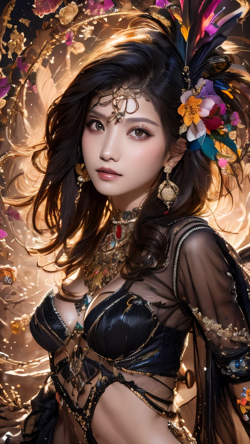 Small breasts, Exposing shoulders, short hair, Brown Hair, colored feather, metal ornaments, colored Flowers, particle, Light, (masterpiece, highest quality, Official Art, beautifully、aesthetic: 1.2), (1 girl: 1.3), Very detailed, (Fractal Art: 1.1), (Black gradient: 1.1) (Flowers: 1.3), Best details, (Tangled: 1.2), (Dynamic pose), (Abstract background: 1.3) , (Shiny skin), (Black gradient: 1.4), (Earrings: 1.4), (feather: 1.4)、((White Background))、((Blank Background))、