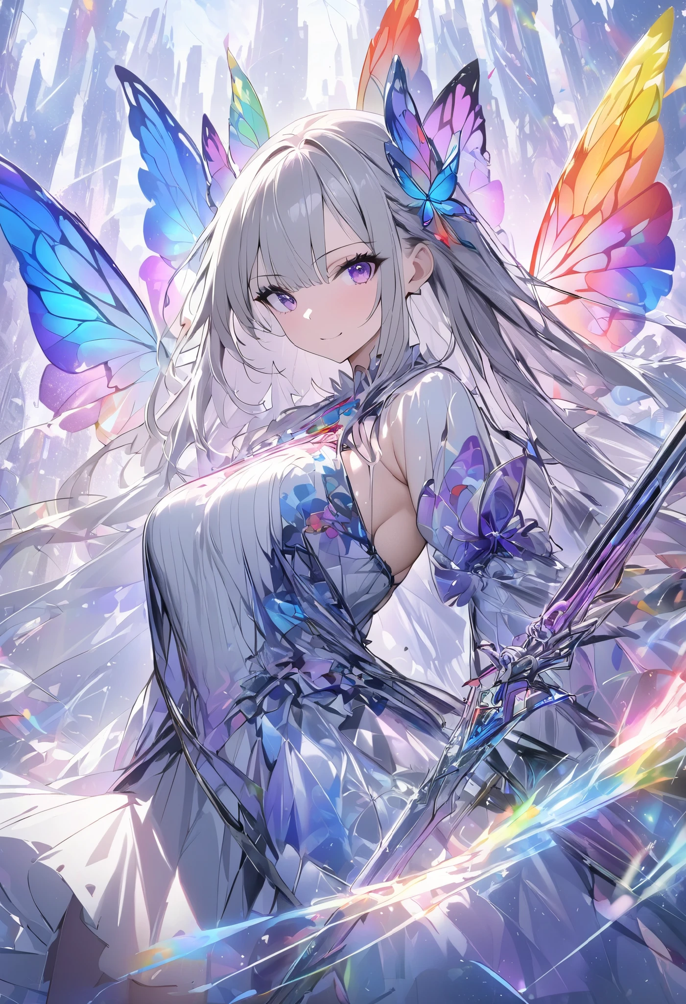 (masterpiece, best quality :1.2,UHD,High Resolution), colorful , 1 girl, Gray Hair, purple eyes, dual weeding that destroys reality , sword, has a sword, Blue Flame, Shine, Shine武器, holding a weapon , light particles , wallpaper, Chromatic Avalations, Too Much Exposed Skin , skirt、 black knee-high 、Destroying reality、I can see the rainbow butterfly 、Diffuse reflection of light、Sword Dance、 laser beams 、Flaming Flames 、 magic 、Luxurious effects