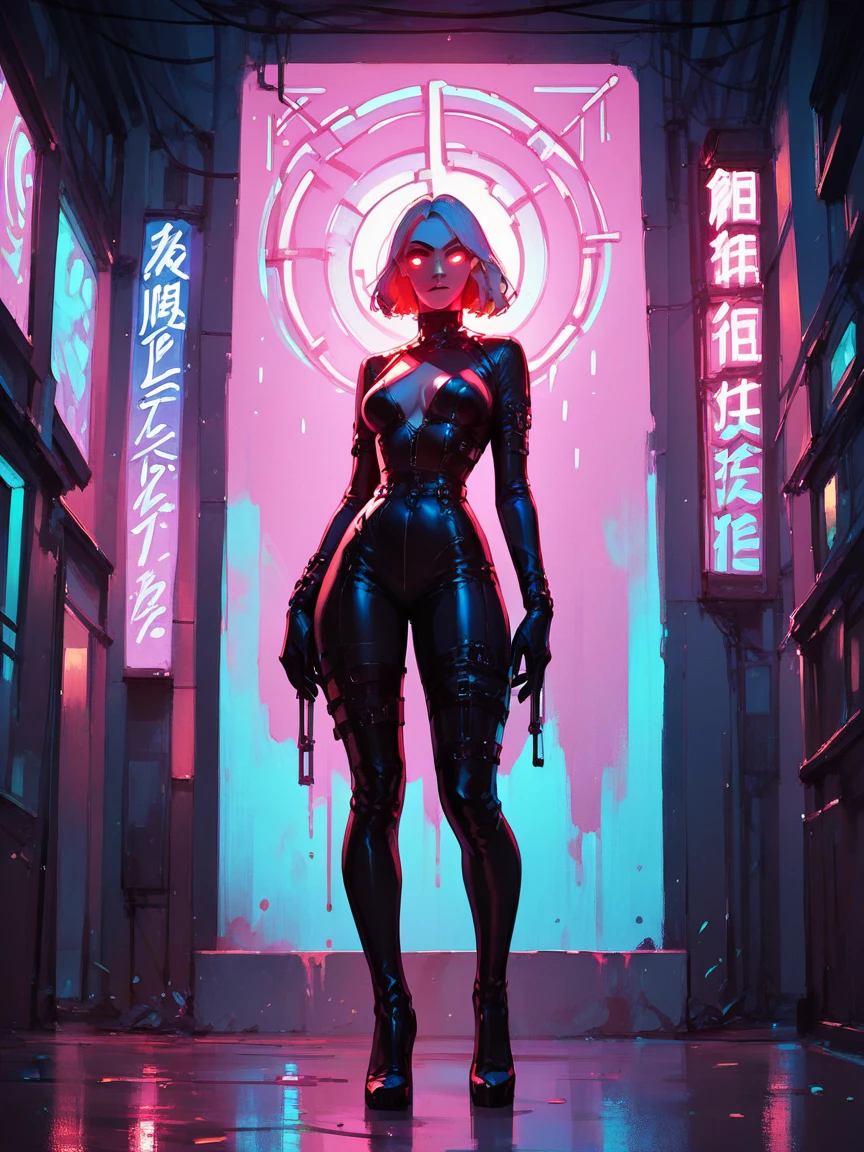 1 beautiful female, heavy metal ,  bobcut, fututristic, city street, assassin, circuitry, tattoos, cyber psychosis