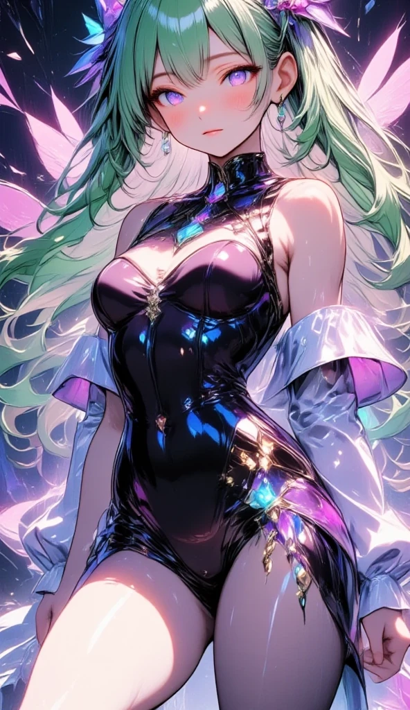  mature beautiful woman with ,( best quality, very detailed depiction , Incredible High Resolution ,High quality anime drawings),(Magical girl costume based on black and pink:2.0,Fluttering costume, latex bodysuit ,Body net suit, black tights, thigh-high boots),( green hair,Swirling Eyes:2.0,Purple Eyes, Hollow Eyes:2.0, Mind Control:2.0,hypnotism,Glossy lips, glamorous body, slender ,stoic,Empty look,Fall,Fallen into evil,Being manipulated,Beautiful legs, healthy legs), cowboy shot:2.0