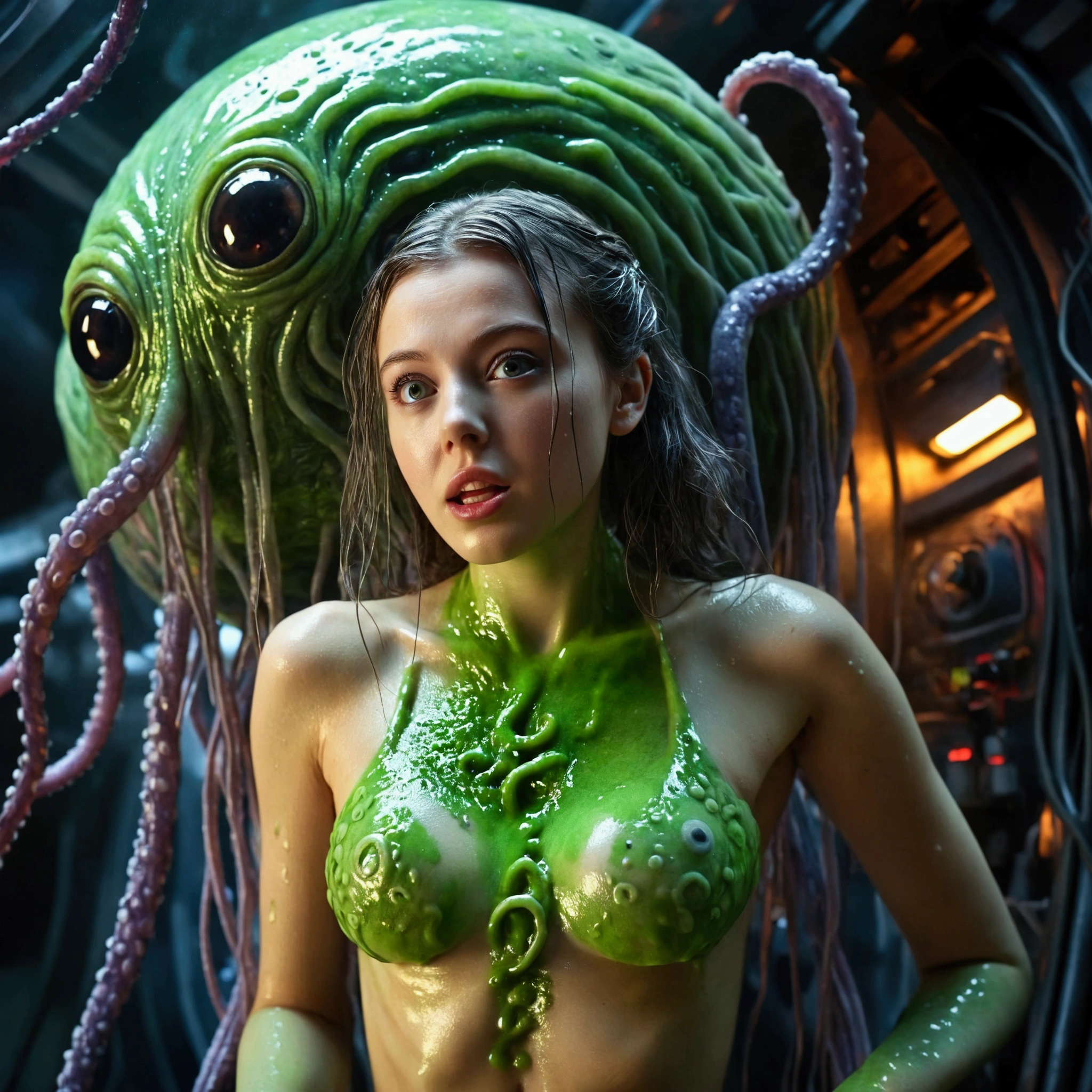 A beautiful young woman (1girl, age 20, cute, nude, mesmerized expression, slime bikini) is led into a slimy tentacle chamber on an alien spacecraft, where an alien doctor with many tentacles examines and probes her, (best quality,4k,8k,highres,masterpiece:1.2),ultra-detailed,(realistic,photorealistic,photo-realistic:1.37),highly detailed sci-fi scene, cinematic lighting, dramatic camera angle, vivid colors, intricate textures, otherworldly atmosphere, surreal environment, dark fantasy, digital art