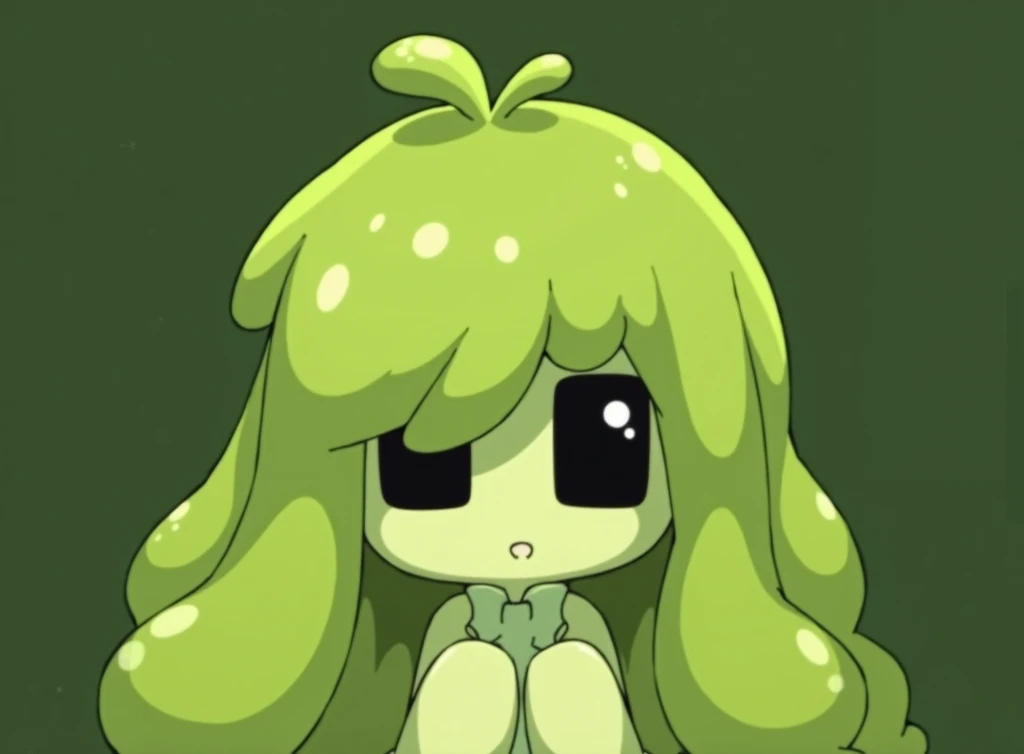 Green Slime anime girl with square eyes, On the knees