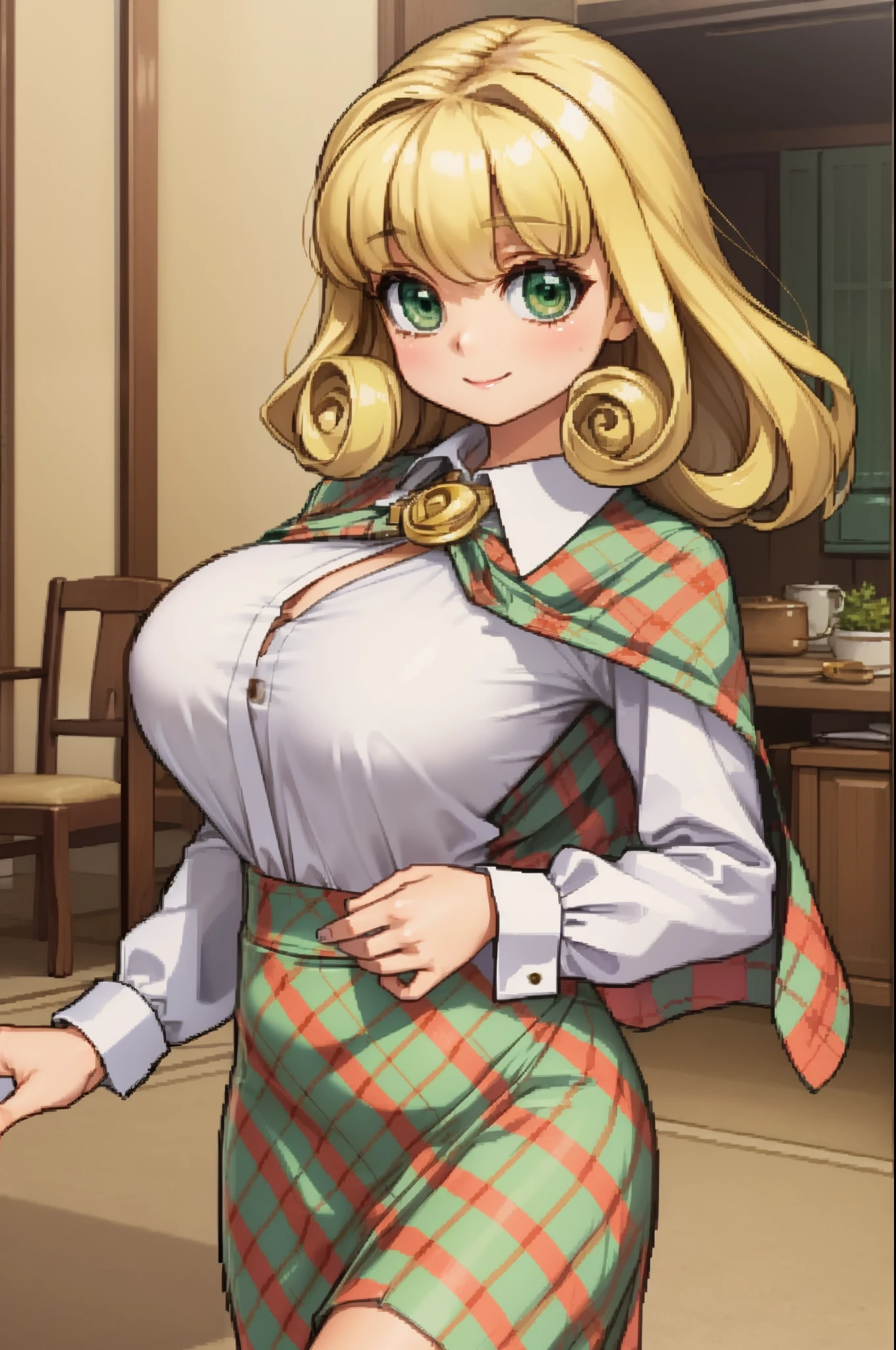 azurecheryl, blonde hair, green eyes, curly hair,
plaid shawl, dress, plaid skirt, long skirt, long sleeves, brooch, white blouse, medium breasts