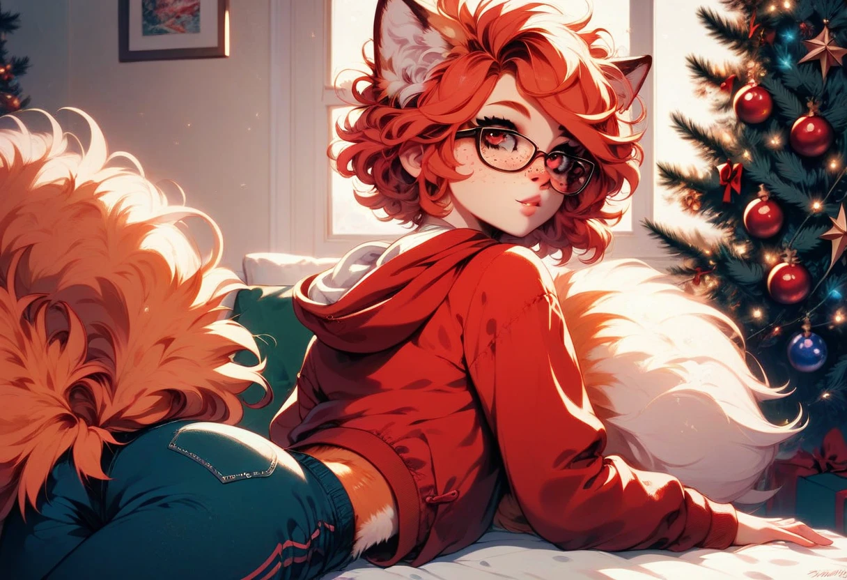 Solo, very young teen, short mouth, thin face, fluffy fox furry girl, orange fur,   anime type spiky hair,, darker colored red hair, a bow in hair, freckles, beautiful red eyes, wearing square glasses, very fluffy tail , very young body, flat chest, innocent ,very skinny body, feminine girl, thin, wearing pants and a red hoodie, in living room,  close to Christmas tree, back shot, back view, behind view, looking over her shoulder, looking  at viewer, sitting and admiring the gifts