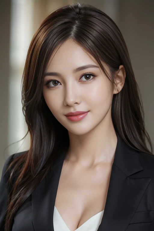 masutepiece, Best Quality, Photorealistic, Ultra-detailed, finely detail, High resolution, 8K Wallpaper, 1 beautiful woman,, light brown messy hair, in a business suit, sharp focus, Perfect dynamic composition, Beautiful detailed eyes, detailed hairs, Detailed realistic skin texture, Smiling, Close-up portrait, Model body type