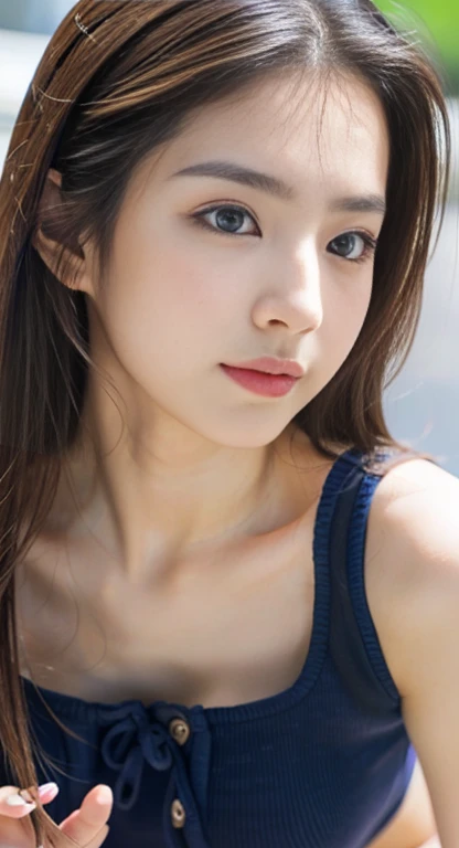 ((Best quality, 8k, masterpiece:1.3)),1girl,18 years old,Asian,Real texture:1.3,(Background blur:1.3),Dress Up,Tall and slender figure:1.2,(Hot summer weather),(garden:1.3),Highly detailed face and skin textures,Exquisite eyes,Long eyelashes,Double eyelids,Skin Whitening,happy,Beautiful breasts