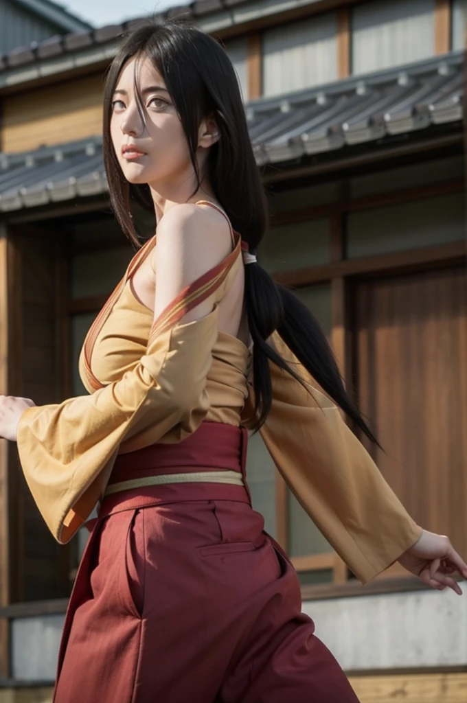 masterpiece,hyuuga hanabi, 1girl, solo, large breast, orange kimono, red hakama skirt, obi, wide sleeves, looking at viewer, closed mouth, wind,fighting stance,  low tied long hair, 