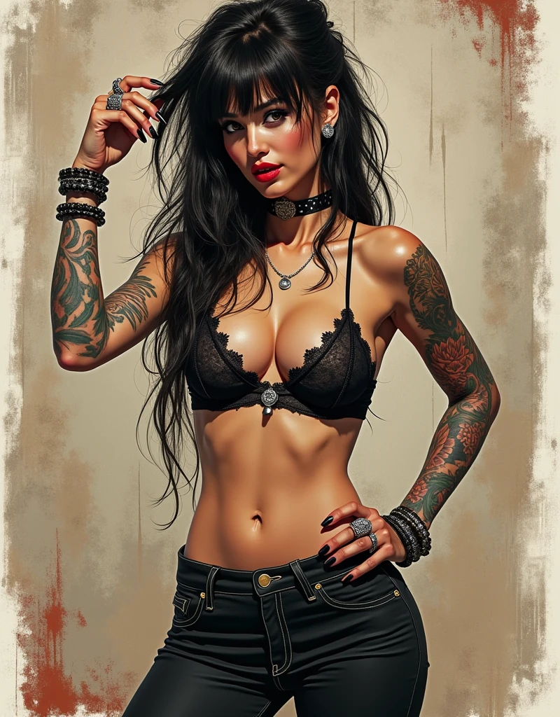 "A full-body illustration in a mixed art style combining hyper-realism, urban underground aesthetics, and gestural drawing techniques. The central figure is a strikingly sensual woman with a perfect, well-proportioned body, exuding confidence and raw charisma. Her pose is bold and commanding, standing tall with one hand on her hip, the other playing with her messy, tousled hair that features a slightly edgy fringe. Her expression is a blend of seduction and power, with a confident, knowing smile and a piercing gaze that conveys dominance and self-assurance. Her lips are full and luscious, drawing attention to her sensuality.
She wears a fitted outfit that enhances her curves, featuring a low-cut top that reveals part of her lace-textured bra and tight pants with subtle details of wear and tear, adding to the rebellious vibe. Her hands are adorned with multiple rings, and her long, manicured nails are sharp and glossy, adding an extra layer of elegance and defiance.
Her skin features a few highly detailed tattoos, carefully placed and meaningful, combining traditional designs with intricate patterns and symbolic elements. The background is a layered, abstract composition of graffiti, urban textures, and grunge-inspired splashes, creating a rebellious, street-style atmosphere. Lighting highlights the contours of her face, body, and metallic accessories, blending softness with stark contrasts. The overall vibe is unapologetically sensual, empowering, and rooted in underground, urban rebellion."