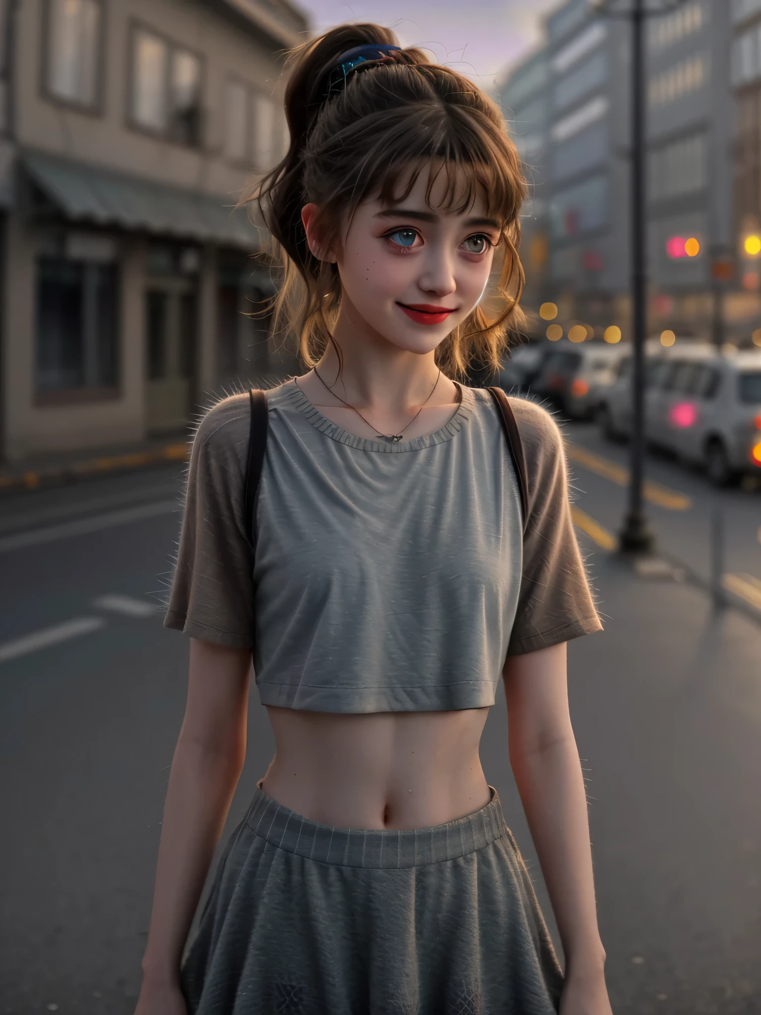 natalia dyer, 20 year old, round deep navel, street, laughing, ponytail, (HDR:1.6), (muted colors:1.2), dramatic, complex background, cinematic, filmy, CGI