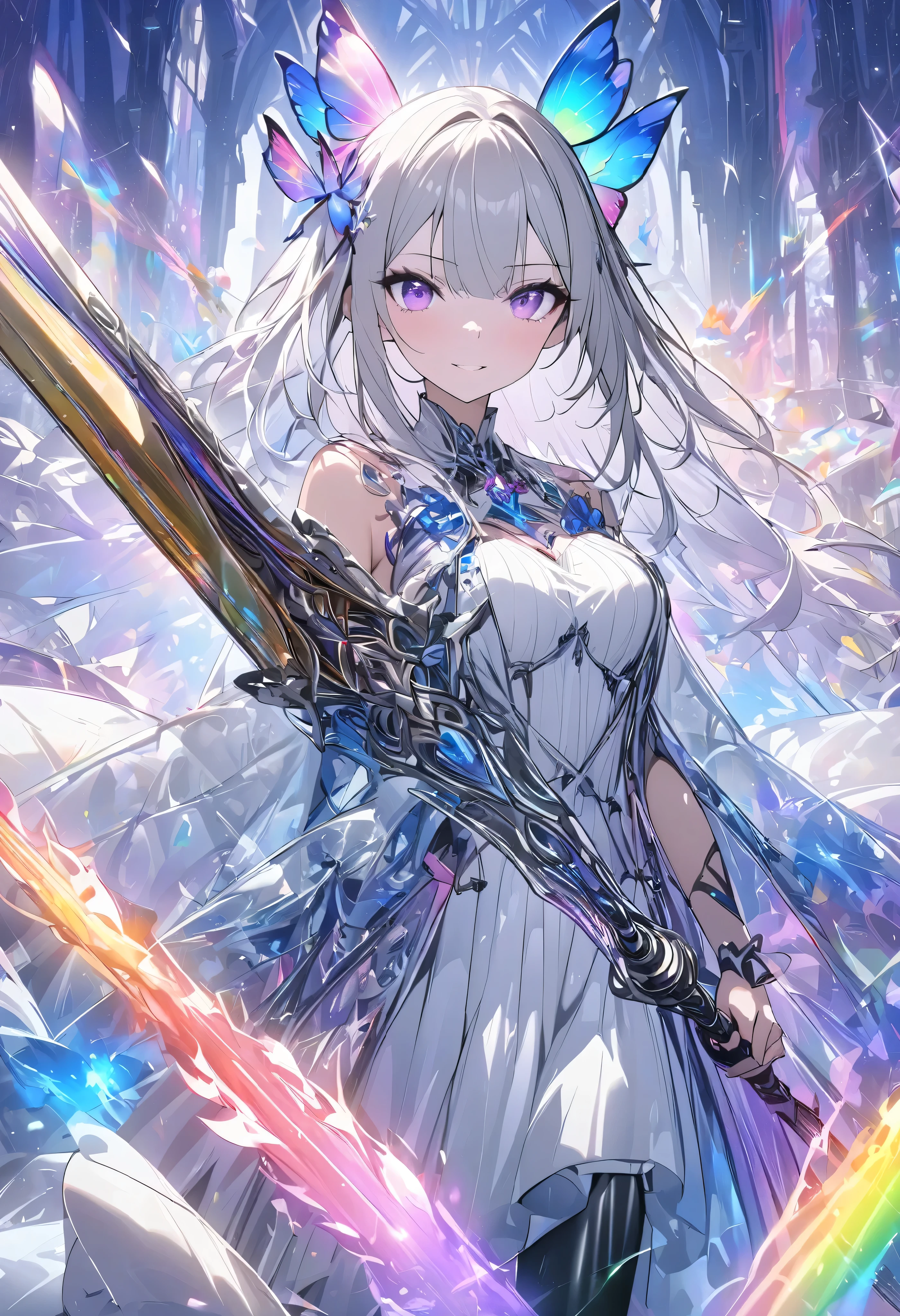 (masterpiece, best quality :1.2,UHD,High Resolution), colorful , 1 girl, Gray Hair, purple eyes, dual weeding that destroys reality , sword, has a sword, blue flame, Shine, Shine weapon, holding a weapon , light particles , wallpaper, Chromatic Avalations, Too Much Exposed Skin , skirt、 black knee-high 、Destroying reality、I can see the rainbow butterfly 、Diffuse reflection of light、Sword Dance、 laser beams 、Flaming Flames 、 magic 、Luxurious effects
