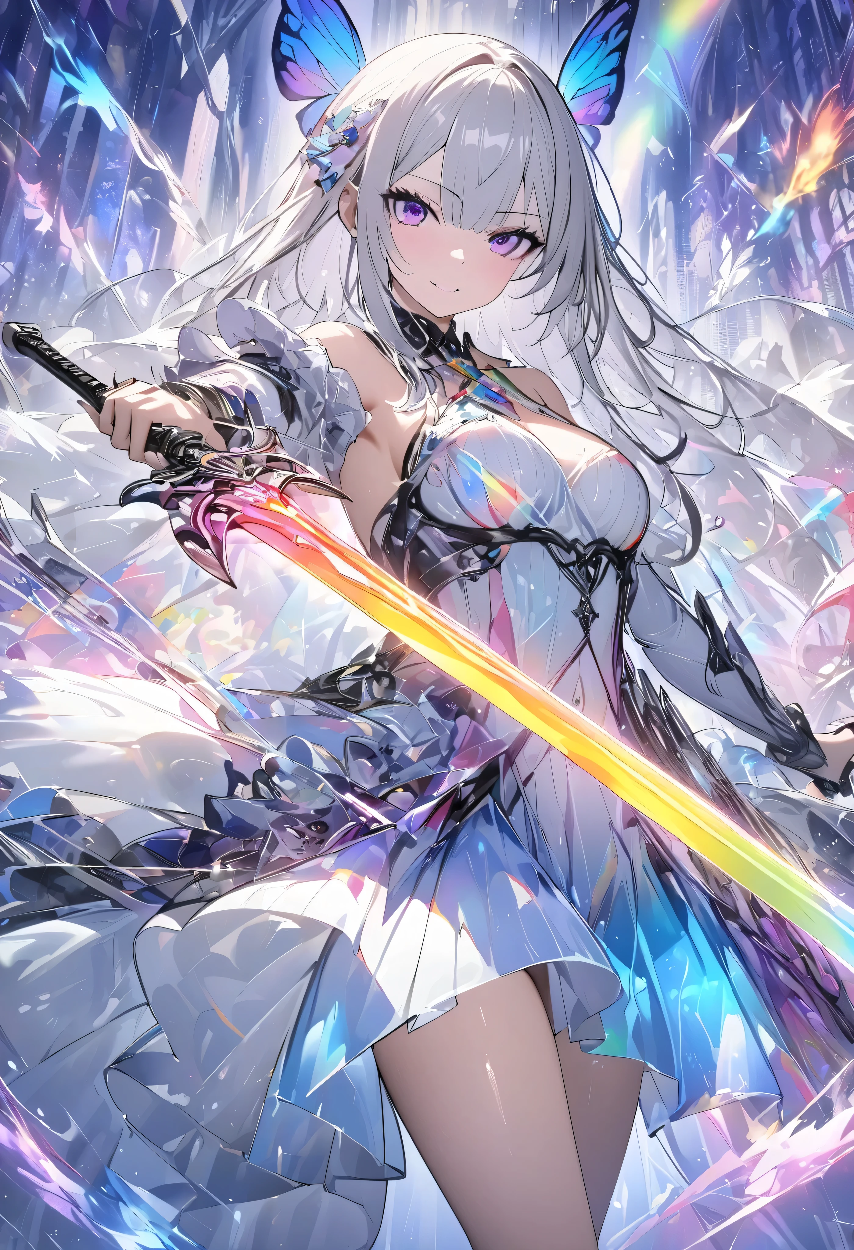 (masterpiece, best quality :1.2,UHD,High Resolution), colorful , 1 girl, Gray Hair, purple eyes, dual weeding that destroys reality , sword, has a sword, blue flame, Shine, Shine weapon, holding a weapon , light particles , wallpaper, Chromatic Avalations, Too Much Exposed Skin , skirt、 black knee-high 、Destroying reality、I can see the rainbow butterfly 、Diffuse reflection of light、Sword Dance、 laser beams 、Flaming Flames 、 magic 、Luxurious effects