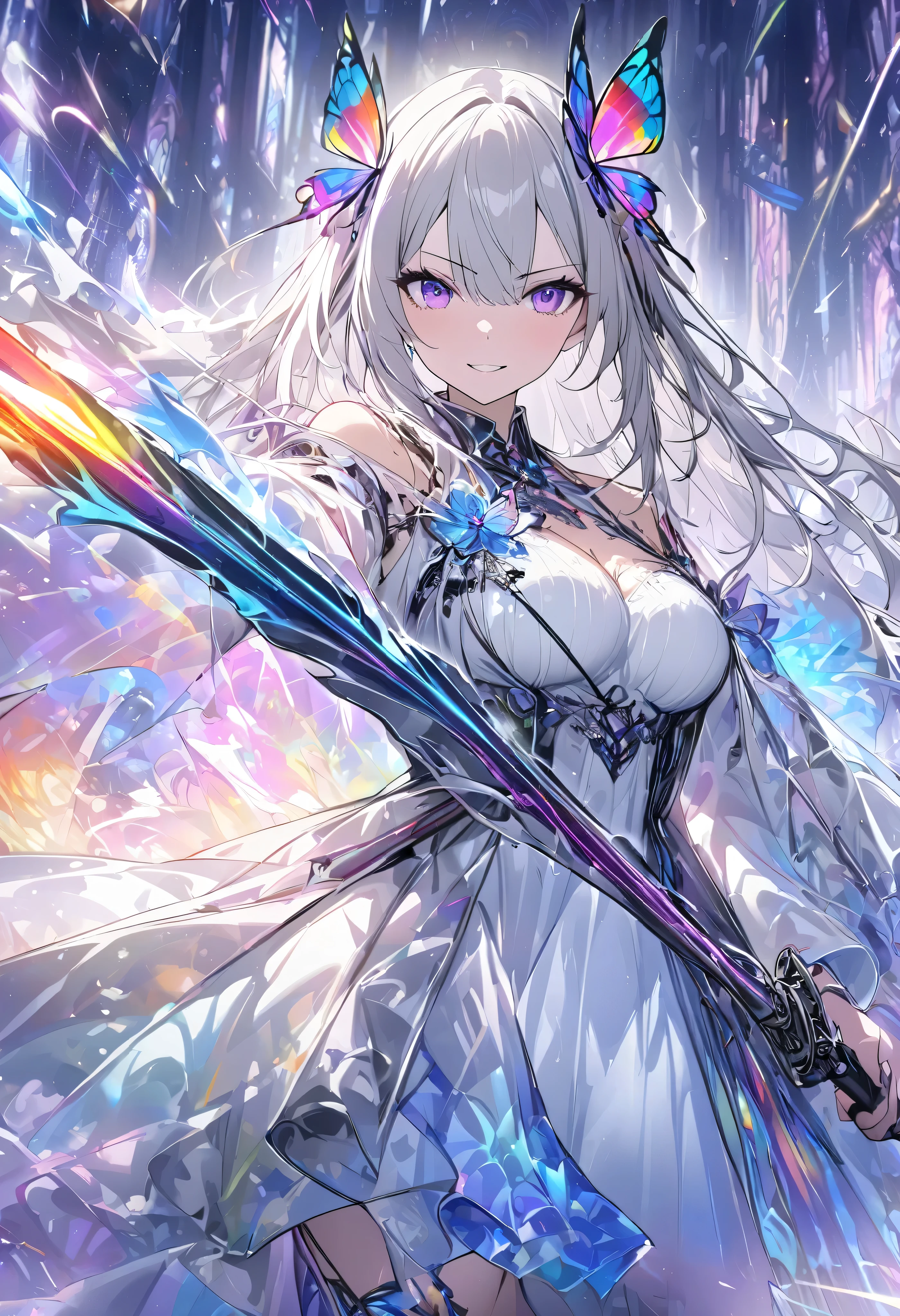 (masterpiece, best quality :1.2,UHD,High Resolution), colorful , 1 girl, Gray Hair, purple eyes, dual weeding that destroys reality , sword, has a sword, blue flame, Shine, Shine weapon, holding a weapon , light particles , wallpaper, Chromatic Avalations, Too Much Exposed Skin , skirt、 black knee-high 、Destroying reality、I can see the rainbow butterfly 、Diffuse reflection of light、Sword Dance、 laser beams 、Flaming Flames 、 magic 、Luxurious effects