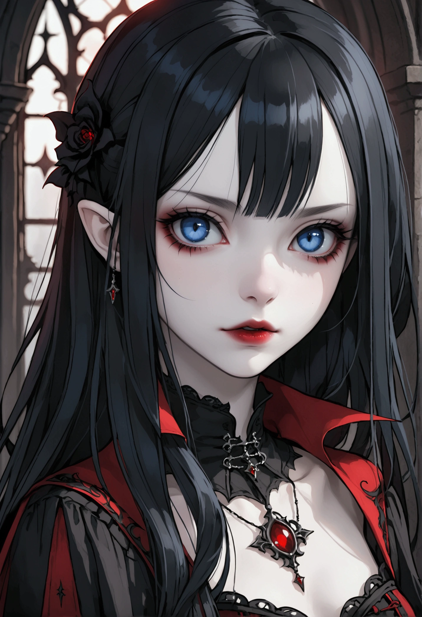 Skinny girl of short stature ,  pale white skin ,  Blue Eyes,  long straight slightly wavy black hair with side fringe,  delicate but mysterious and slightly vampire features ,  black and red gothic clothes  