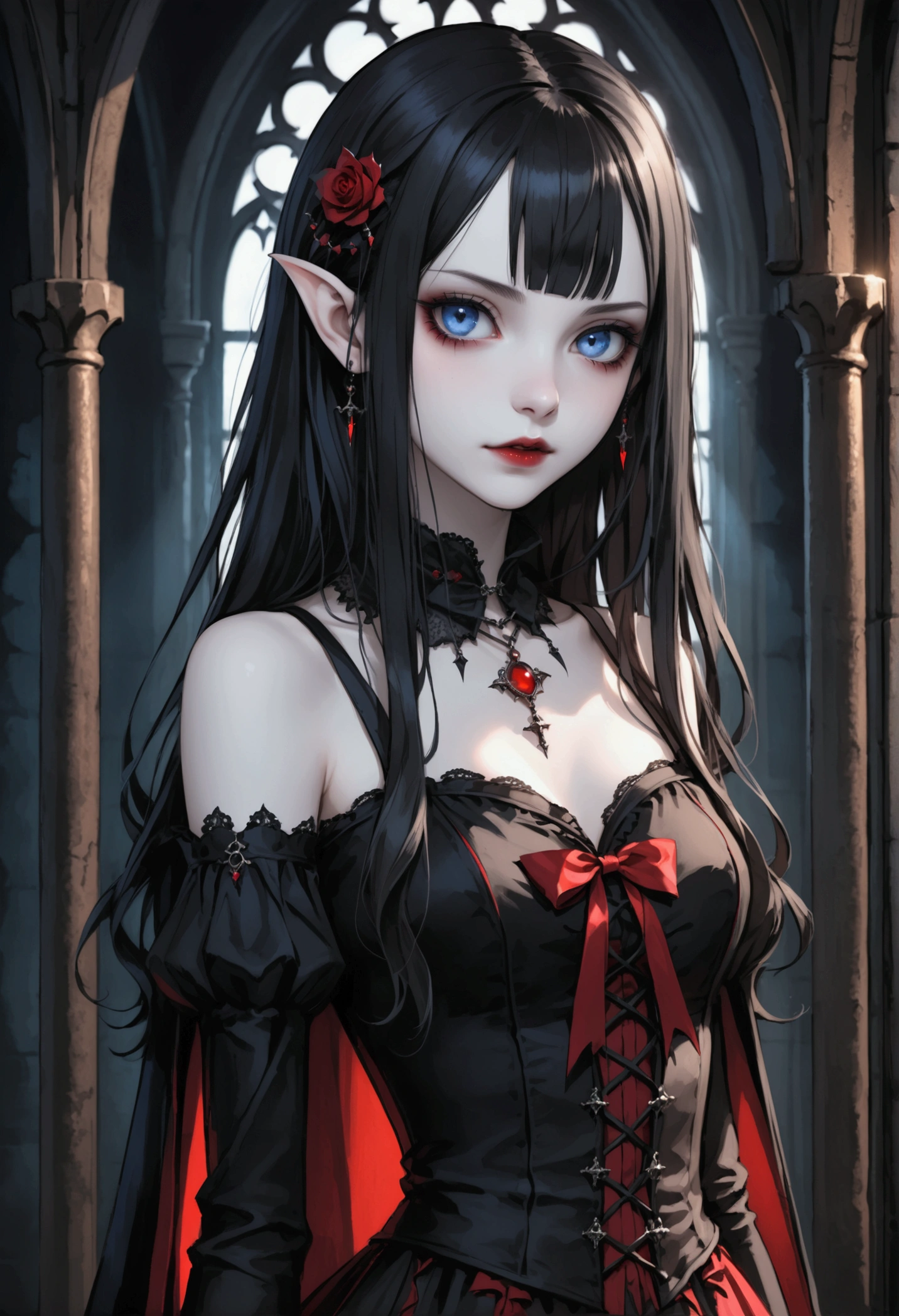 Skinny girl of short stature ,  pale white skin ,  Blue Eyes,  long straight slightly wavy black hair with side fringe,  delicate but mysterious and slightly vampire features ,  black and red gothic clothes  