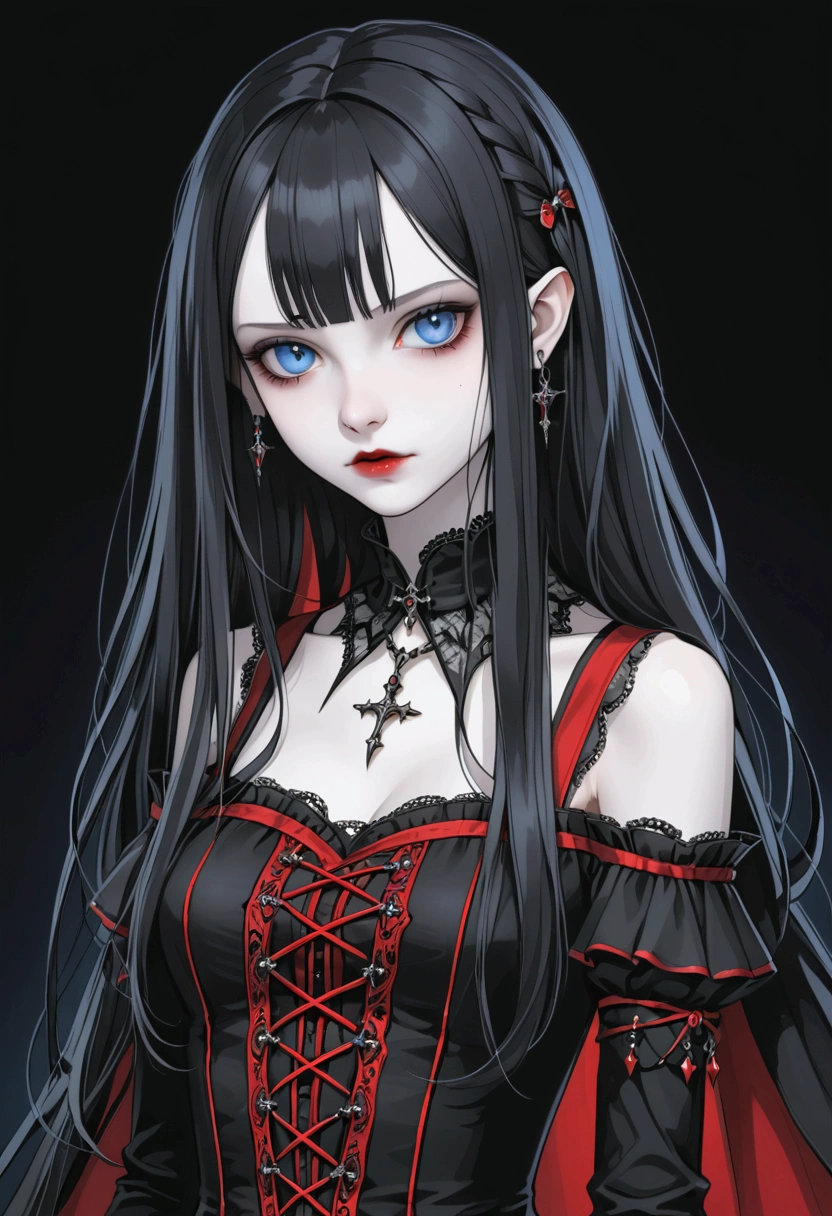 Skinny girl of short stature ,  pale white skin ,  Blue Eyes,  long straight slightly wavy black hair with side fringe,  delicate but mysterious and slightly vampire features ,  black and red gothic clothes  