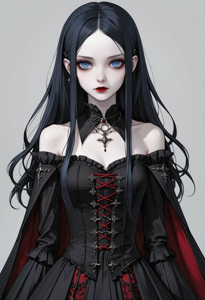 Skinny girl of short stature ,  pale white skin ,  Blue Eyes,  long straight slightly wavy black hair with side fringe,  delicate but mysterious and slightly vampire features ,  black and red gothic clothes  