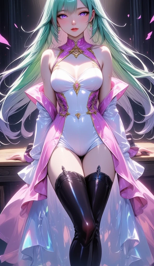  mature beautiful woman with ,( best quality, very detailed depiction , Incredible High Resolution ,High quality anime drawings),(Magical girl costume based on black and pink:2.0,Fluttering costume, latex bodysuit ,Body net suit, black tights, thigh-high boots),( green hair,Swirling Eyes:2.0,Purple Eyes, Hollow Eyes:2.0, Mind Control:2.0,hypnotism,Glossy lips, glamorous body, slender ,stoic,Empty look,Fall,Fallen into evil,Being manipulated,Beautiful legs, healthy legs), cowboy shot:2.0