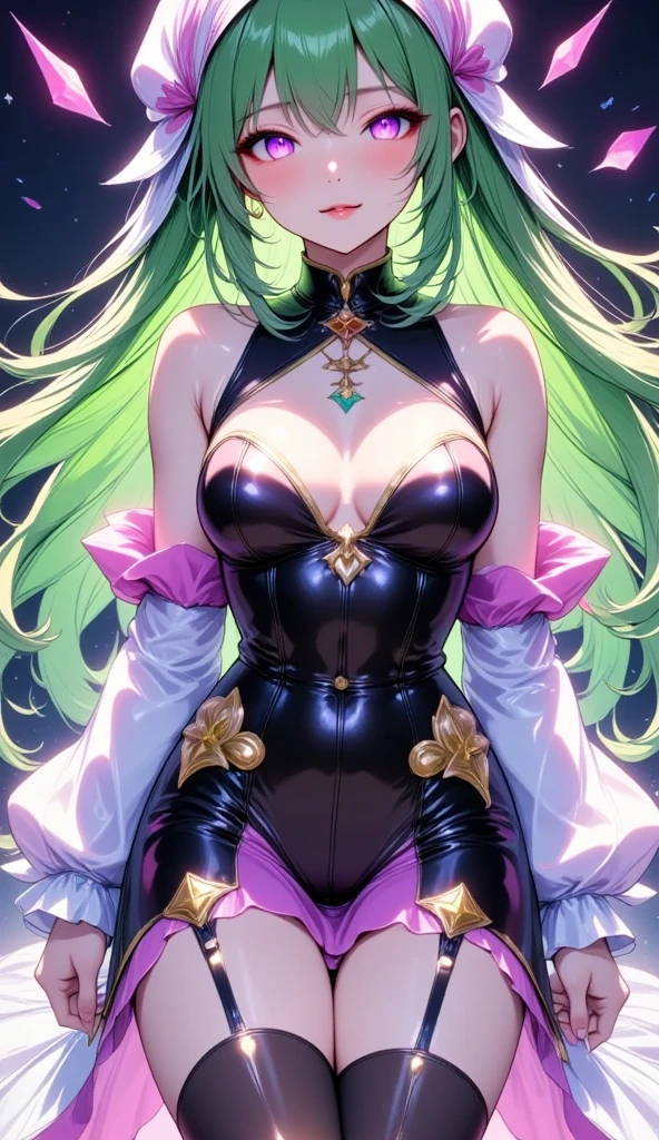  mature beautiful woman with ,( best quality, very detailed depiction , Incredible High Resolution ,High quality anime drawings),(Magical girl costume based on black and pink:2.0,Fluttering costume, latex bodysuit ,Body net suit, black tights, thigh-high boots),( green hair,Swirling Eyes:2.0,Purple Eyes, Hollow Eyes:2.0, Mind Control:2.0,hypnotism,Glossy lips, glamorous body, slender ,stoic,Empty look,Fall,Fallen into evil,Being manipulated,Beautiful legs, healthy legs), cowboy shot:2.0