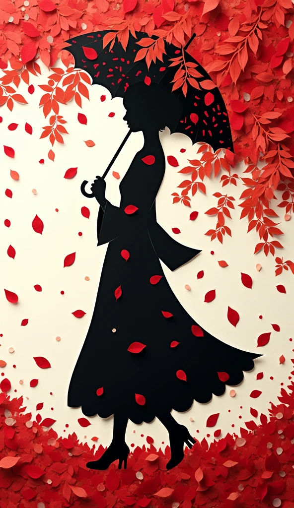 A one-of-a-kind piece of illustration art, featuring jet black, paper cutouts, and countless falling red petals, umbrella, whirlwind effects, masterpiece, best quality, very aesthetic, absurdres, very aesthetic