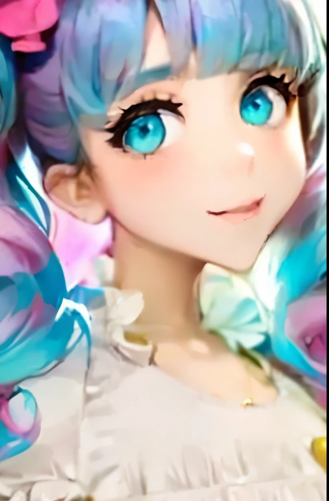 a close up of a woman with long purple hair and a white dress, belle delphine, anime girl in real life, better known as amouranth, young beautiful amouranth, amouranth, her face looks like an orchid, pigtails hairstyle, pink twintail hair and cyan eyes, colorful pigtail, y 2 k cutecore clowncore