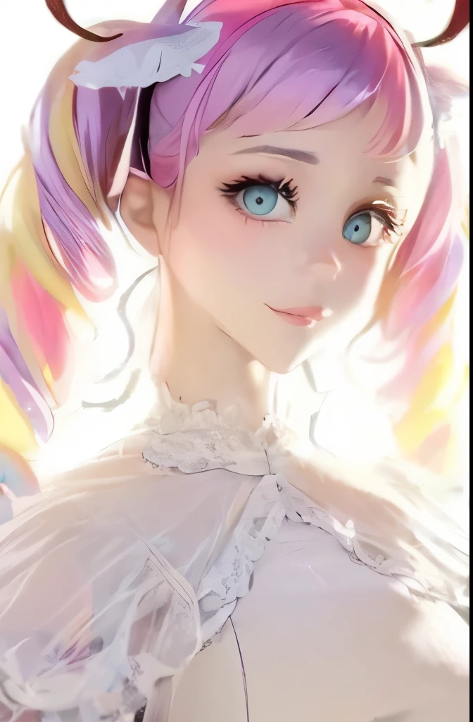 a close up of a woman with long purple hair and a white dress, belle delphine, anime girl in real life, better known as amouranth, young beautiful amouranth, amouranth, her face looks like an orchid, pigtails hairstyle, pink twintail hair and cyan eyes, colorful pigtail, y 2 k cutecore clowncore