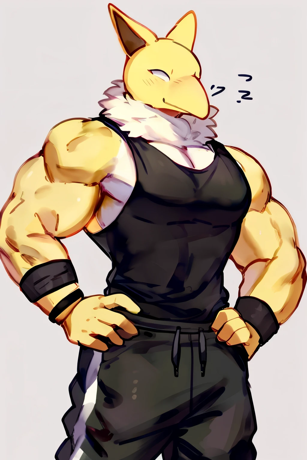 Furry, Anthro, solo, Hypno, Male, (((muscular body, massive male pectorals, yellow skin, fluffy neck, wearing white fur around neck))), ((((massive biceps, wide-eyed, head tilted)))), ((((((massive bulky torso, hands shaking, wearing black full male tanktop, wearing black sweatpants)))))), upper body, black/yellow spraypainted background, by buta99, by zackary911, by bebebebebe, (((digital painting)))
