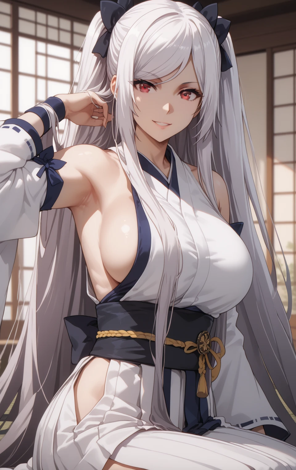 Source anime, Tall girl, Fit girl,score_9, score_8_up, score_7_up, score_6_up, uncensored, alexia midgar, long hair, very long hair, black hair ribbon, white hair, red eyes, sidelocks, ribbon, large breast, japanese clothes, hakama, sideboob, hip vent, detached sleeves, bare shoulders, large breasts, armpits, smile, sit down