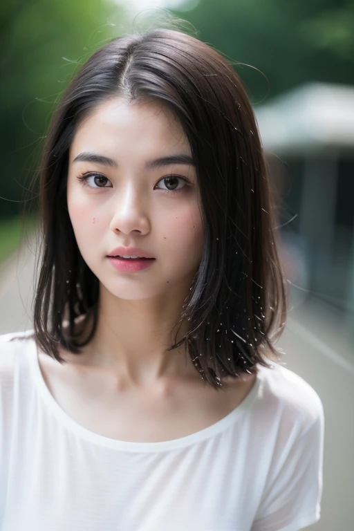 (Top quality, 4k, Masterpiece:1.3), Pretty woman, 1 woman, (breasts, attractive body:1.2), abs:1.1, dark brown hair:1.1, (rainy wet, wet in the rain, wet torso: 1.2), very fine face, delicate lips, delicate eyes, double eyelids, sparkling eyes, sparkling lips,