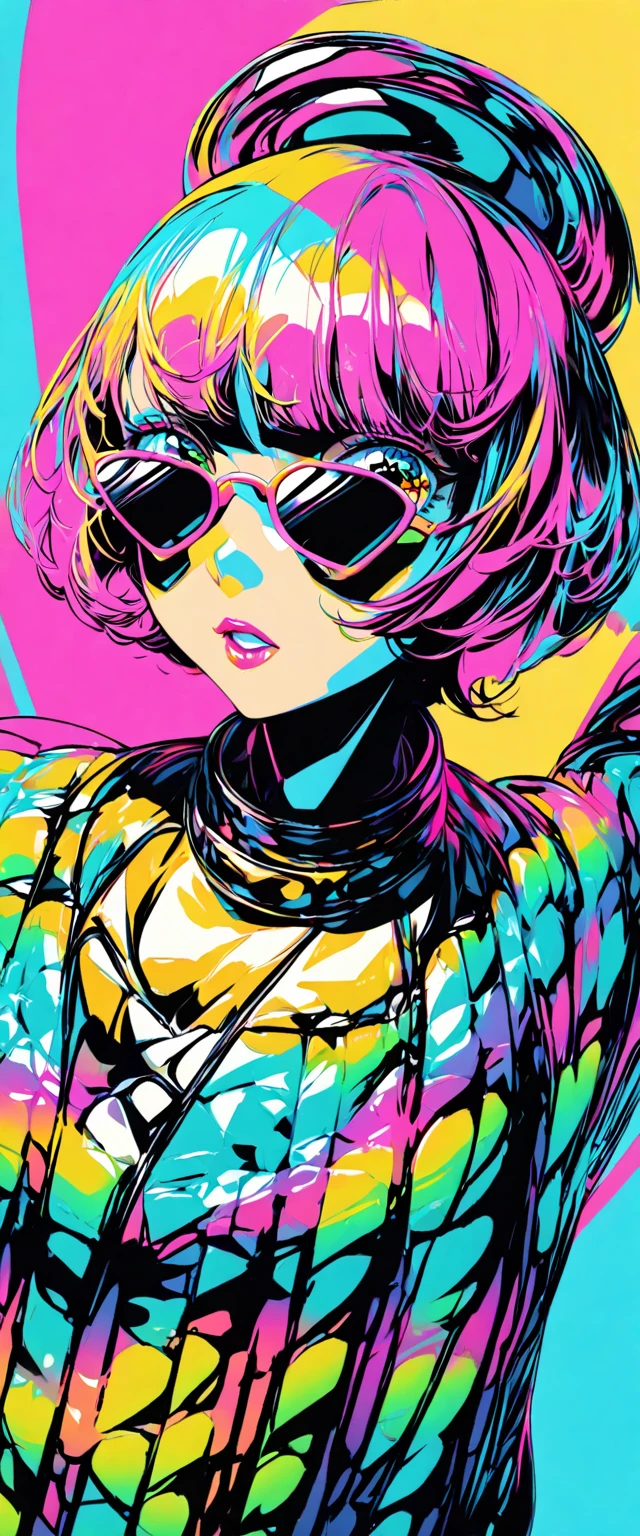 (highest quality:1.2, City Pop Style, Very detailed, Latest, Vibrant, High Contrast, masterpiece:1.2, highest quality, Best aesthetics), girl, ((Face Up Shot:1.4)), Colorful Hair, Bobcut, pastel colour, 1980s style, Retro, Vintage, ((Single color background)), (sunglasses).