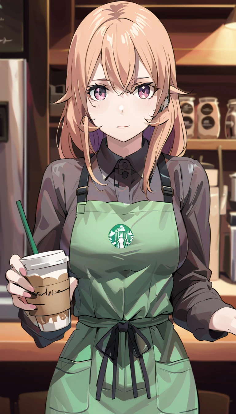 1girl, big  breasts,solo, starbuni, emblem,green apron,starbucks, holding pen,cap, best quality,medium quality, erina nakiri, long hair, orange hair, purple eyes, hair between eyes,