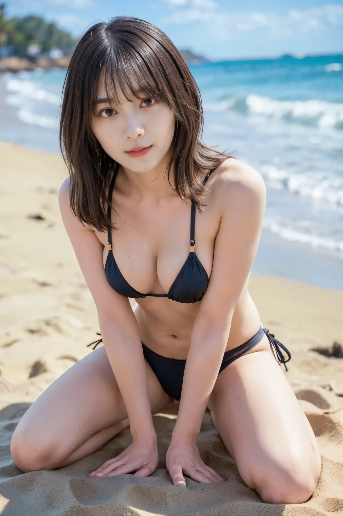  high resolution pictures of Japanese actresses , (Realistic, photo-Realistic:1.2), ( best quality, masterpiece),  RAW photos ,  intricate details ,  Extremely Detailed,  very detailed,  very detailed,  sharp concentration, (full body,  shot from the front:1.4), 甜of, Alone,  1 girl,  posing for erotic photos,  Sensual Poses , ( micro bikini, Sandals:1.4),  Big Breasts ,  dark haired,  dark brown medium hair, (  detail face ,  beautiful detailed eyes , Beautiful dark brown eyes ,  sophisticated nose ), ( sandy beachの上に立っている,),  perfect anatomy, Perfect hands, Photo Backdrop , Outdoor,  sandy beach, Blue sky and clouds,

