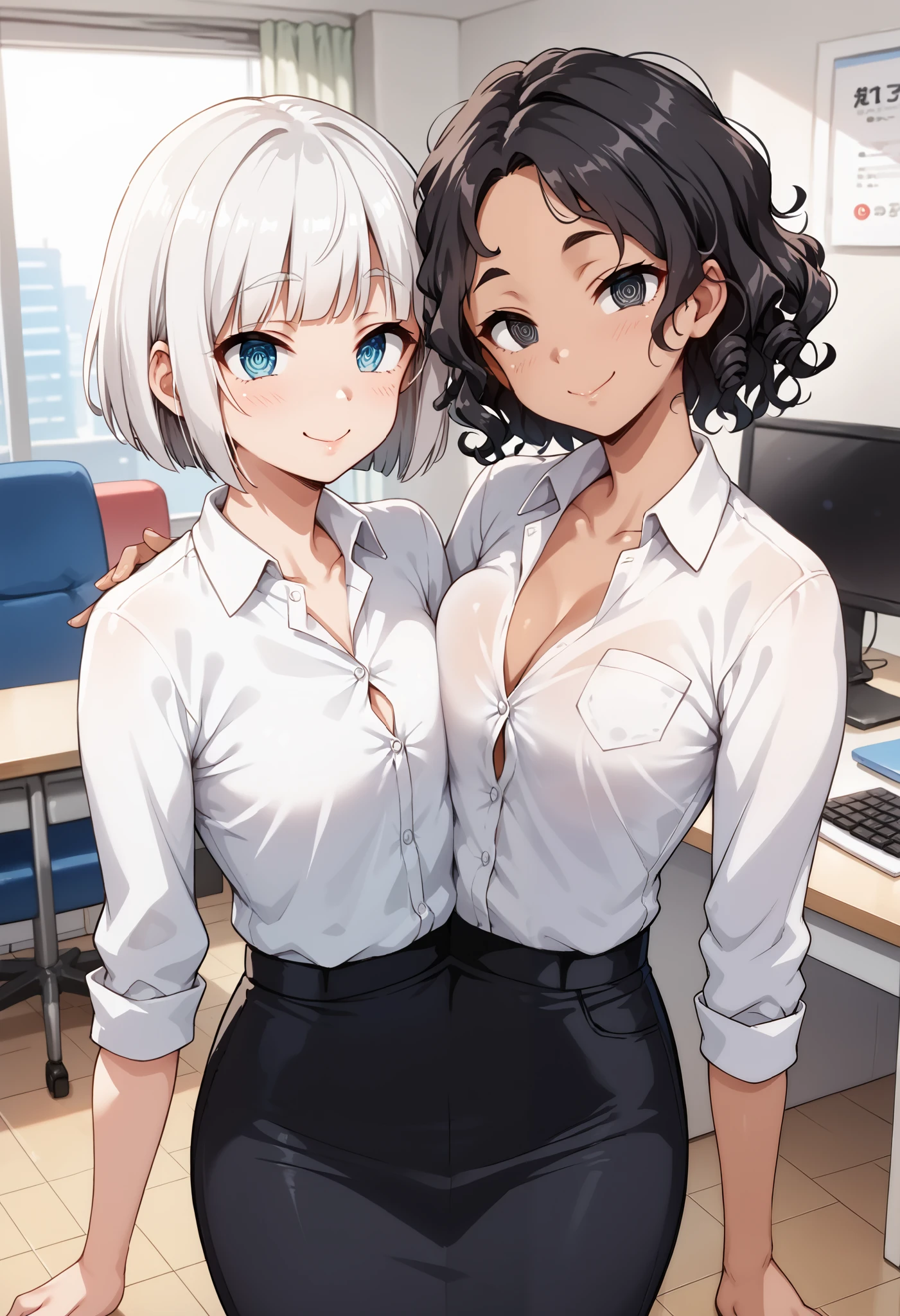 best resolution, conjoined, anime girl with two torsos, different chest size, , tall, white hair with bob cut, short frizzy black hair,  different skin colors, different eyes, tareme eyes, tsurime eyes,  different eyebrows, flirting, looking at each other, office button shirt, skirt-pants, 