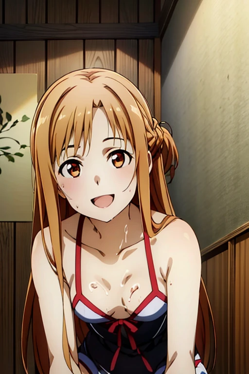 (Best Quality, masutepiece, High resolution, anime screen cap, anime colours, offcial art, poster for), (long, Straight Light Brown Hair:1.5), Yuuki Asuna, A smile, (oversized saggy breasts:2.0, cleavage:1.5), (Thin fabric, White Micro Bikini:1.8), Slimed, (Lower your arms, Leaning forward:1.5, Front composition:1.5), Close-up on the chest, Upper body:1.5, Bedrooms, (Perfect Anatomy, perfect detailed body, Eyes and hair in beautiful detail, Beautiful breasts and skin),