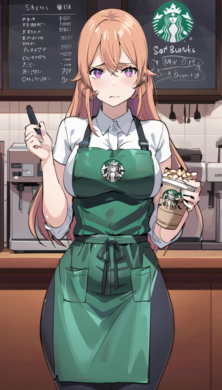 1girl, big  breasts,solo, starbuni, emblem,green apron,starbucks, holding pen,cap, best quality,medium quality, erina nakiri, long hair, orange hair, purple eyes, hair between eyes, big breast, covered nipples, wide hips, tights, wet face, expression of fatigue and tiredness