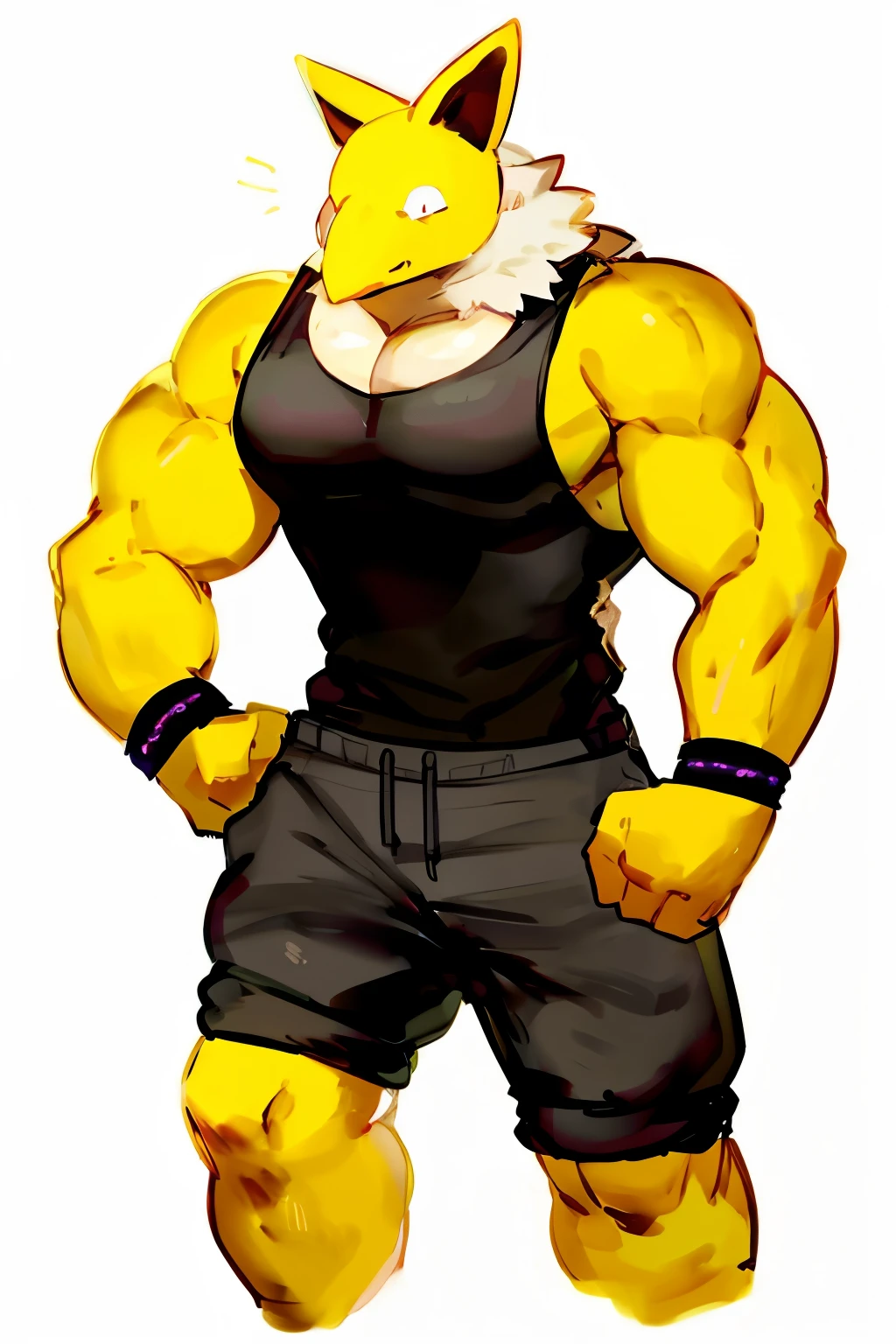 Furry, Anthro, solo, Hypno, Male, (((muscular body, massive thighs, massive male pectorals, fluffy neck, yellow skin, wearing black tanktop, wearing black sweatpants))), ((((massive biceps, thinking pose)))), ((((((massive bulky torso, wide-eyed, head tilted, facing viewer)))))), black/yellow spraypainted background, by buta99, by zackary911, by bebebebebe, (((digital painting)))