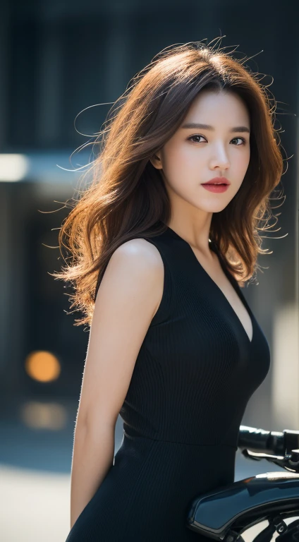realistic, detailed, Japanese, happy, long voluminous hair, cleavage, standing, black dress,
god rays, deep shadows,  
<lora:JapaneseDollLikeness_v15:0.5>