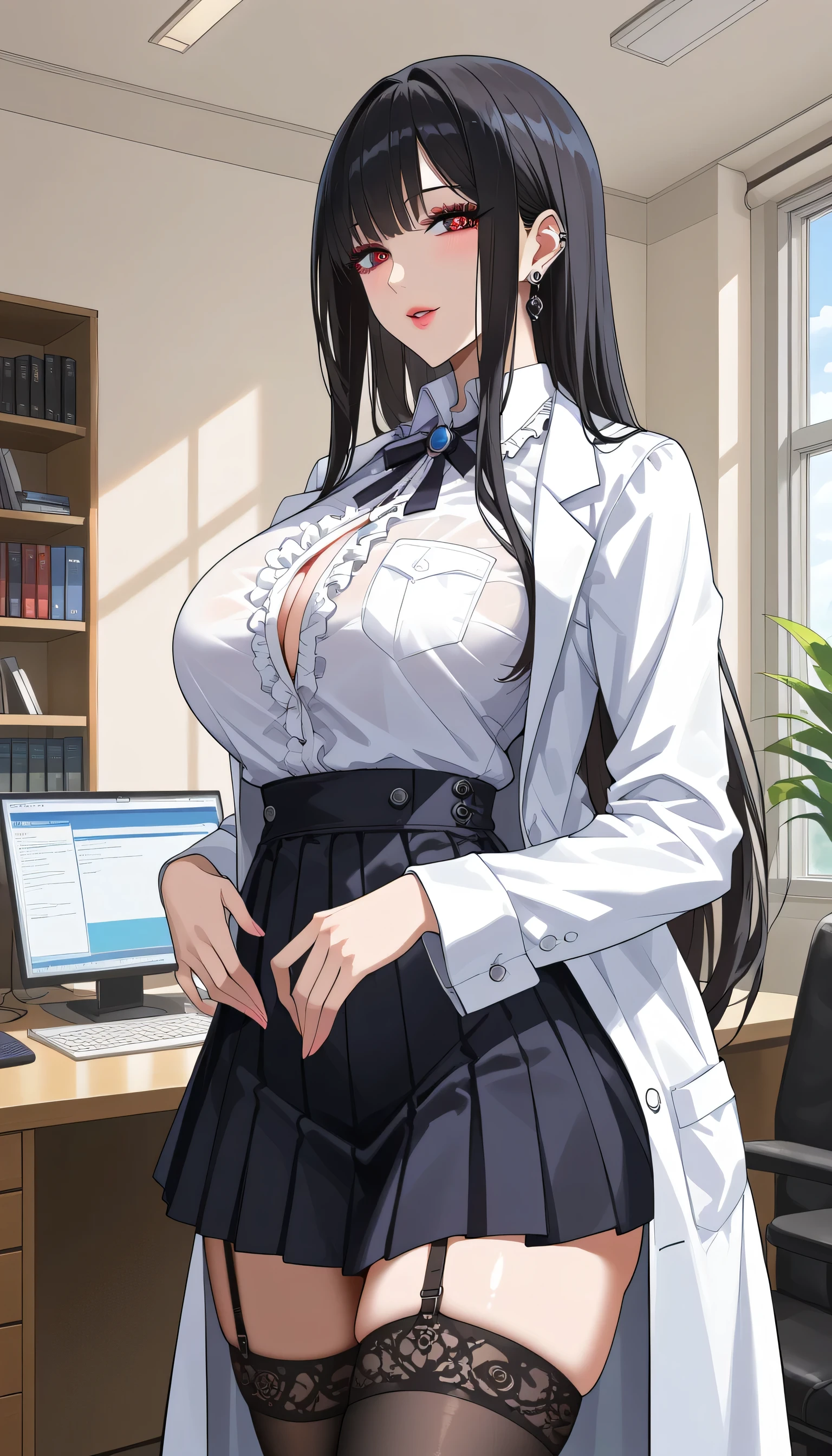  score_9,  score_8_up,  score_7_up,  source_Anime,masterpiece、 office、office、 No Emotion、 no makeup、 best quality, beautifully detailed eyes ,  Beautiful Detailed Lips、 highly detailed eyes and face,Unmotivated look、Apathetic face、 long breasts, 1 female, Put on a white coat、Gothic Lolita shirt under a white coat、Gothic Lolita Shirts 、Gothic and Lolita Skirts、gothic lolita shirt、Gothic Loliskart 、 Mini Skirt、 short skirt  , Big saggy breasts, shockingly  Big Breasts ,  Big Breasts , room,Big Breasts、 boobs 、 zitales, makeup、 no makeup、 black hair、 Long Hair、Smooth straight hair、 black stockings 、 garter belt 、黒の garter belt 