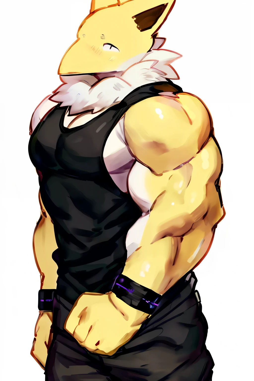 Furry, Anthro, solo, Hypno, Male, (((muscular, large pectorals, yellow skin, wearing white fluffy fur around neck))), ((((massive biceps, wide-eyed, dot pupils, head tilt)))), ((((((massive bulky torso, wearing black tanktop, black wristbands, wearing black sweatpants)))))), upper body, black/yellow spraypainted background, by buta99, by zackary911, by bebebebebe, (((digital painting)))