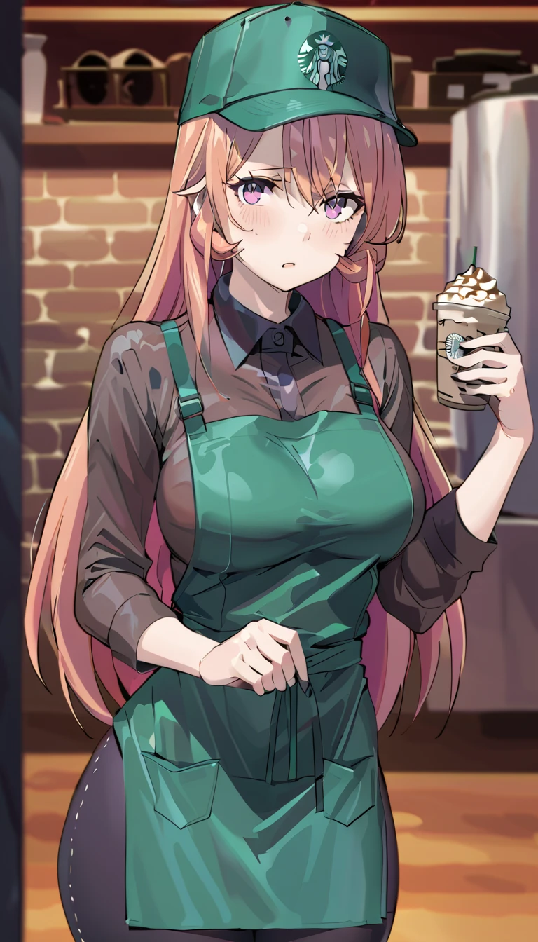 cowboy shot, 1girl, big  breasts,solo, starbuni, emblem,green apron,starbucks, holding pen,cap, best quality, eye details,  erina nakiri, long hair, orange hair, purple eyes, hair between eyes, big breast, covered nipples, wide hips, tights, wet face, expression of fatigue and tiredness