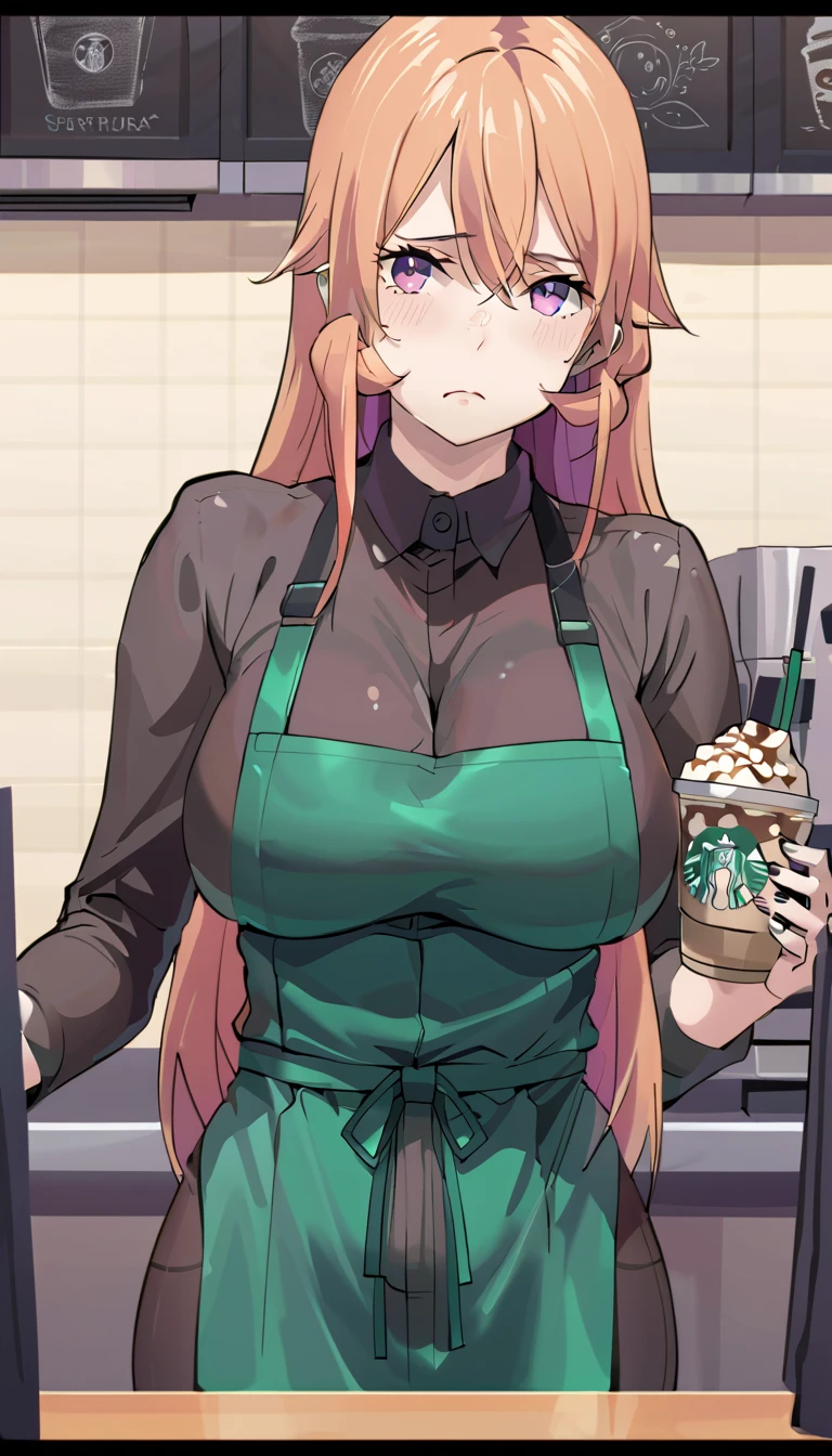 cowboy shot, 1girl, big  breasts,solo, starbuni, emblem,green apron,starbucks, holding pen,cap, best quality, eye details,  erina nakiri, long hair, orange hair, purple eyes, hair between eyes, big breast, covered nipples, wide hips, tights, wet face, expression of fatigue and tiredness