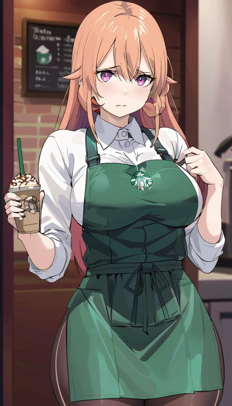 cowboy shot, 1girl, big  breasts,solo, starbuni, emblem,green apron,starbucks, holding pen,cap, best quality, eye details,  erina nakiri, long hair, orange hair, purple eyes, hair between eyes, big breast, covered nipples, wide hips, tights, wet face, expression of fatigue and tiredness