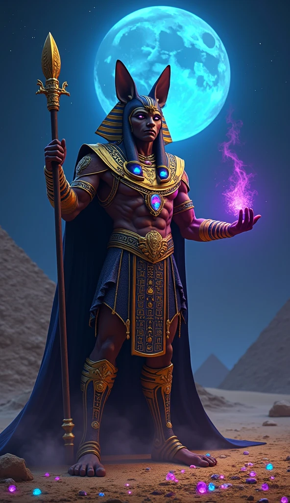 Anubis god, egyptian god, standing pose, handing book, portal background, cinematic scene --auto